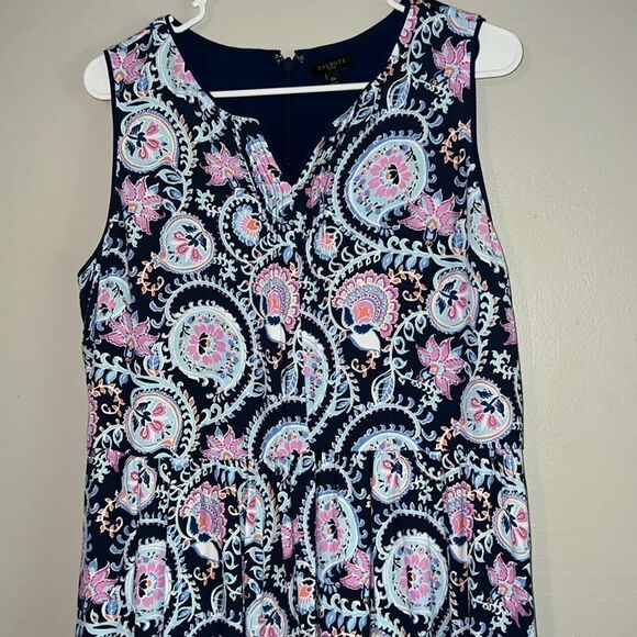 Talbots Floral Paisley Dress Blue Sleeveless Lightweight Split V-Neck Size 10P - Picture 5 of 9